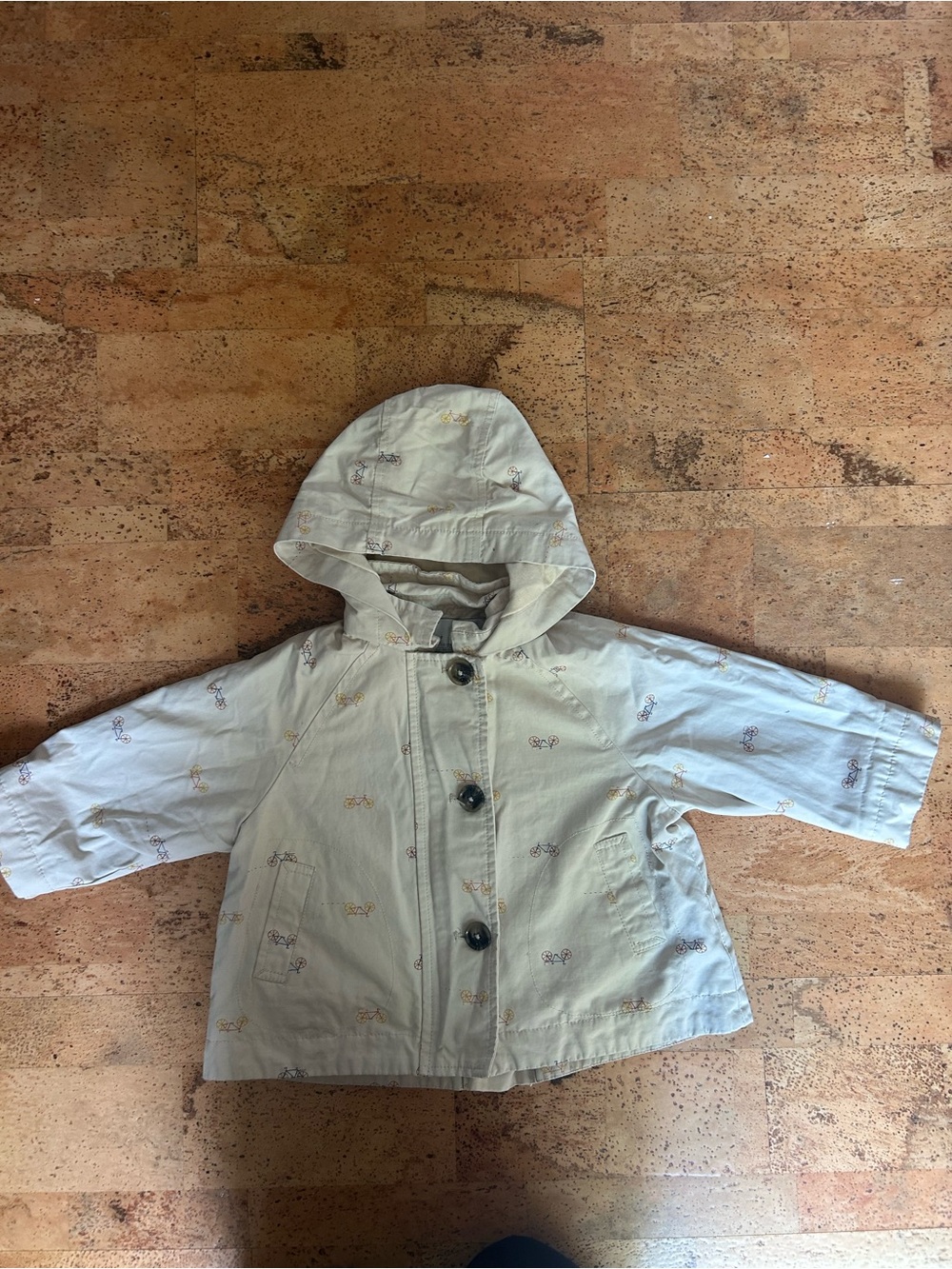 Little Earthling Baby Hooded Jacket in Light Beige with Bicycle Print